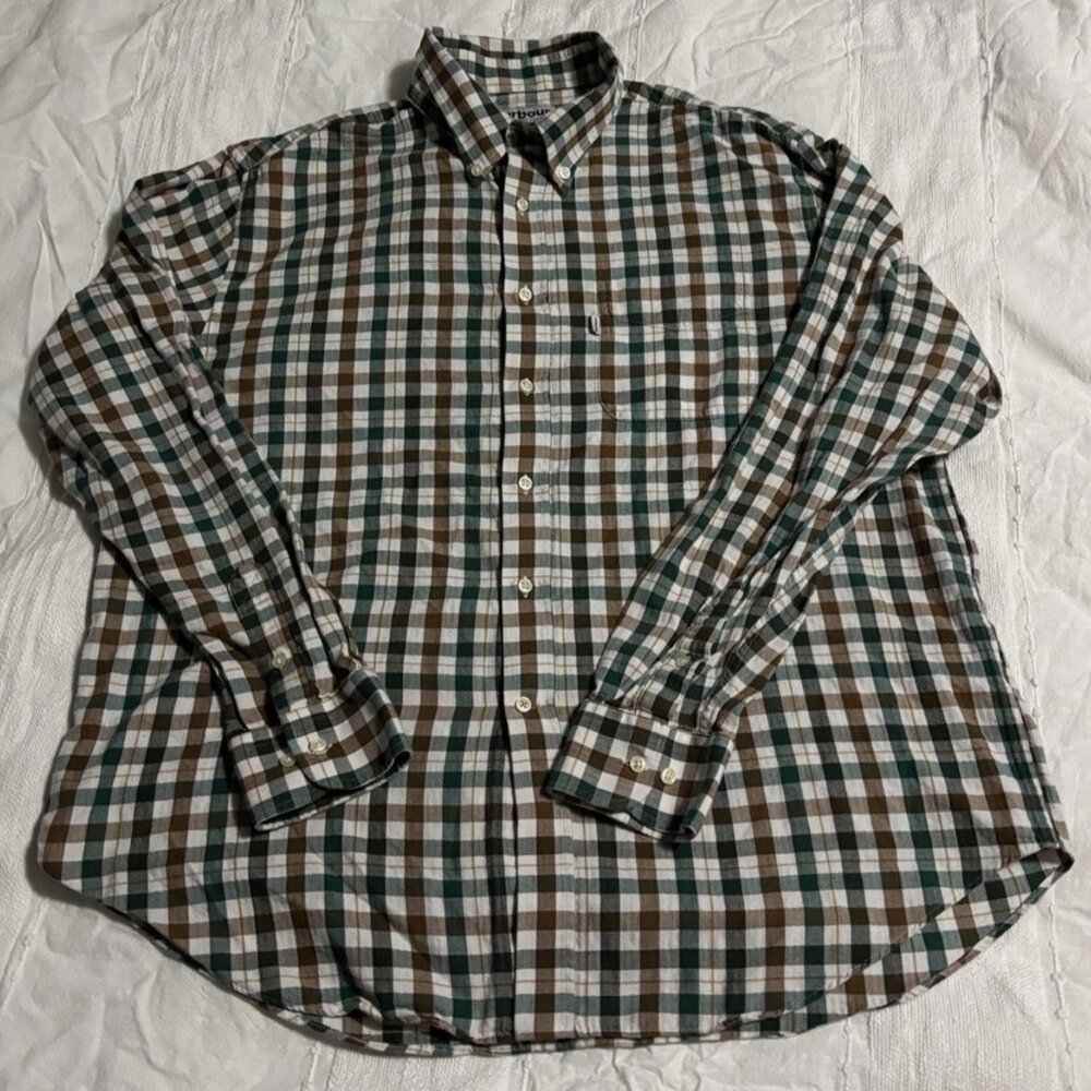 MEN'S BARBOUR ALFORD TAILORED BUTTON DOWN OLIVE GREEN & BROWN PLAID SHIRT LARGE